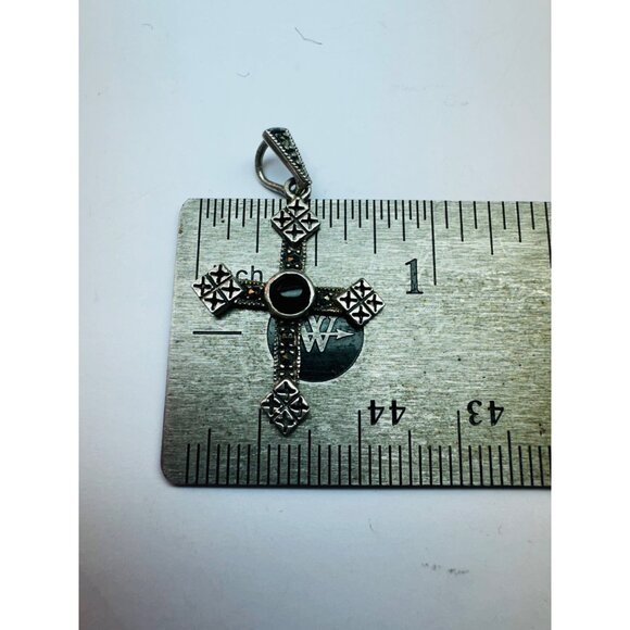 Vintage Sterling Silver 925 Marcasite Onyx Ornate Cross Pendant, 1.46g, No Chain - Picture 7 of 9